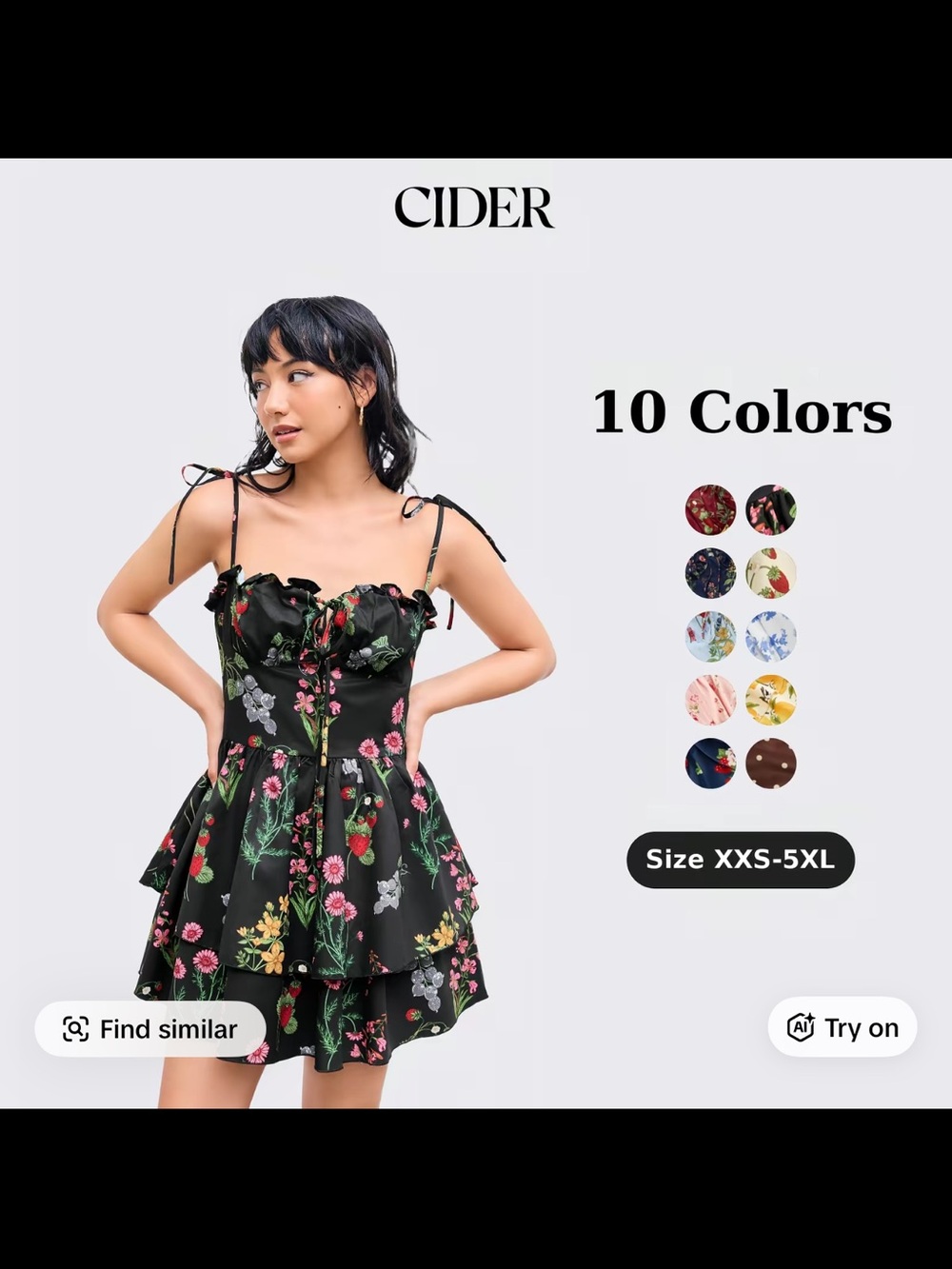 Cider Black Floral Tiered Mini Dress with Pink & Green Blooms